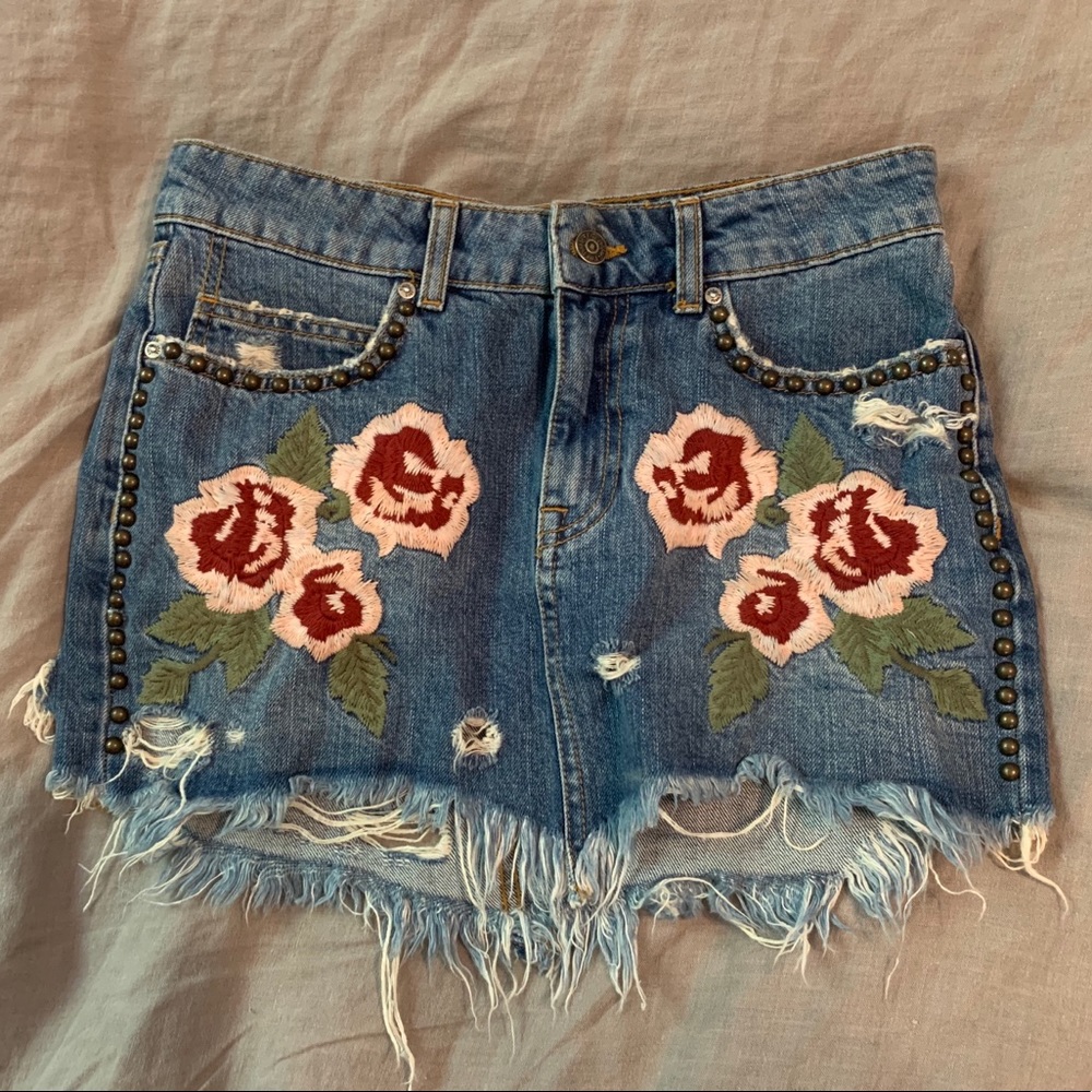 Free People Embroidered Denim Skirt